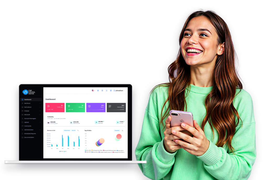 A CSP partner using the C3 billing dashboard on laptop and mobile