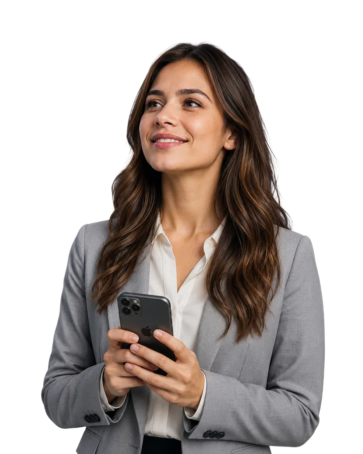 A smiling CSP partner in a grey blazer checking the C3 dashboard on her phone